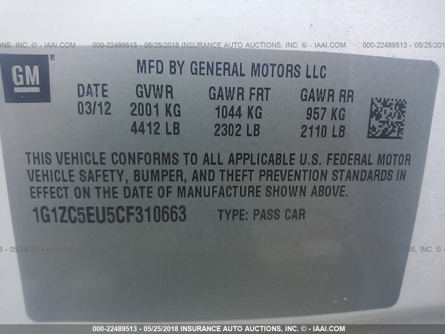 1G1ZC5EU5CF310663 - 2012 CHEVROLET MALIBU 1LT WHITE photo 9