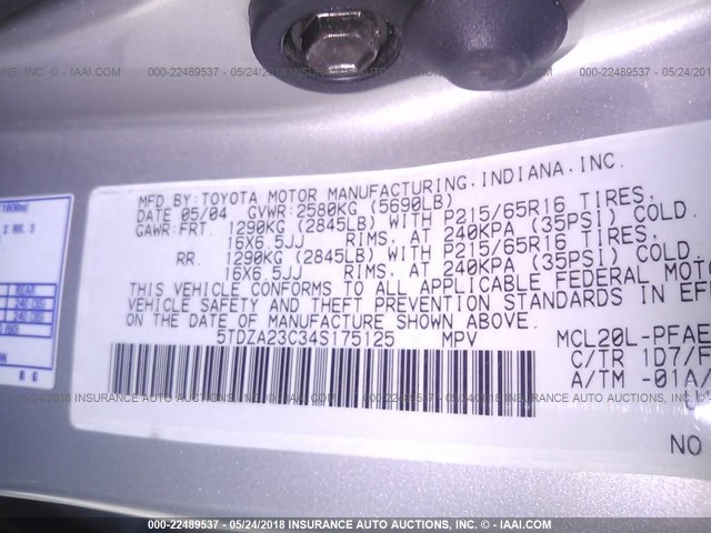 5TDZA23C34S175125 - 2004 TOYOTA SIENNA CE/LE SILVER photo 9