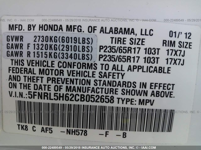 5FNRL5H62CB052658 - 2012 HONDA ODYSSEY EXL WHITE photo 9