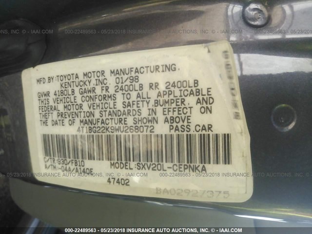 4T1BG22K9WU268072 - 1998 TOYOTA CAMRY CE/LE/XLE GRAY photo 9