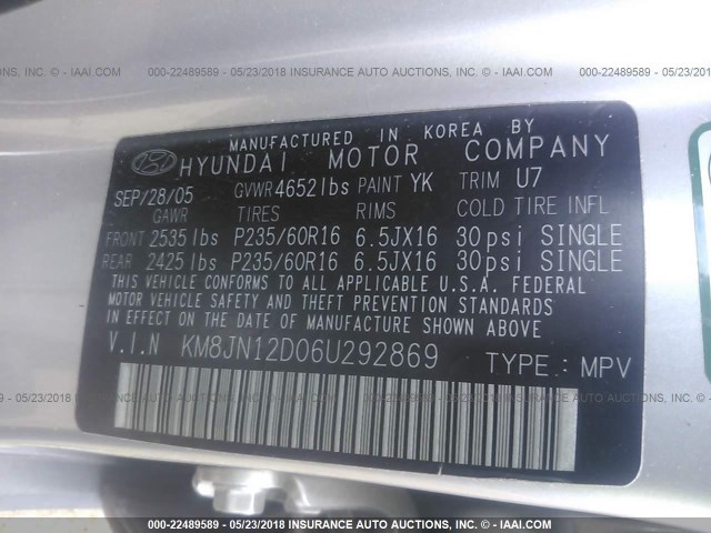 KM8JN12D06U292869 - 2006 HYUNDAI TUCSON GLS/LIMITED GRAY photo 9