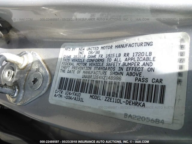 1NXBR12E4XZ148986 - 1999 TOYOTA COROLLA VE/CE/LE 银色 照片 9