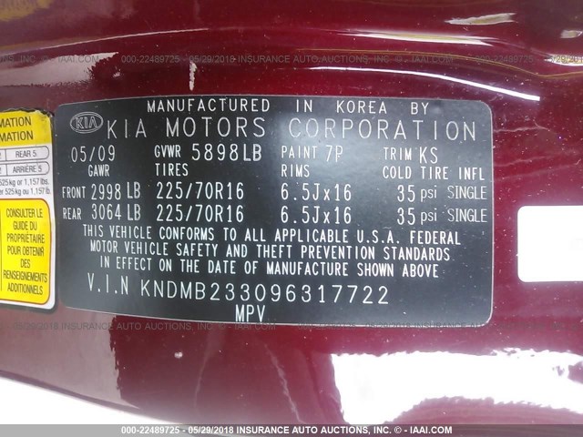 KNDMB233096317722 - 2009 KIA SEDONA EX/LX RED photo 9