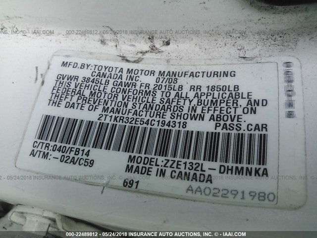 2T1KR32E54C194318 - 2004 TOYOTA COROLLA MATRIX XR WHITE photo 9