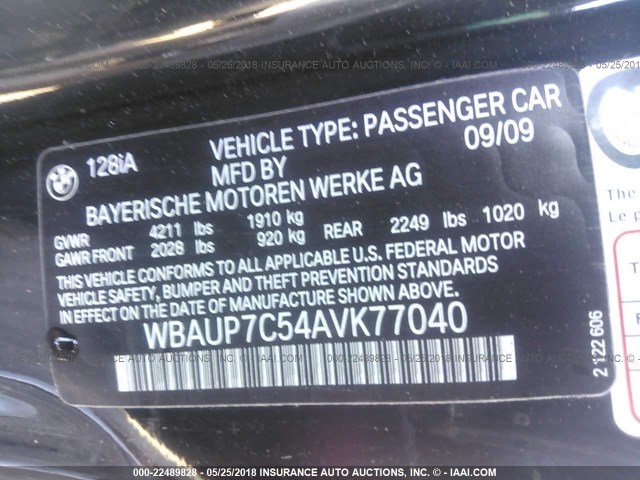 WBAUP7C54AVK77040 - 2010 BMW 128 I BLACK photo 9