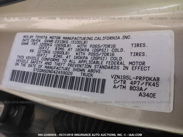 5TEGN92N04Z459029 - 2004 TOYOTA TACOMA DOUBLE CAB PRERUNNER TAN photo 9
