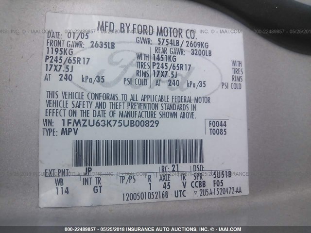 1FMZU63K75UB00829 - 2005 FORD EXPLORER XLT/XLT SPORT/NBX 银色 照片 9