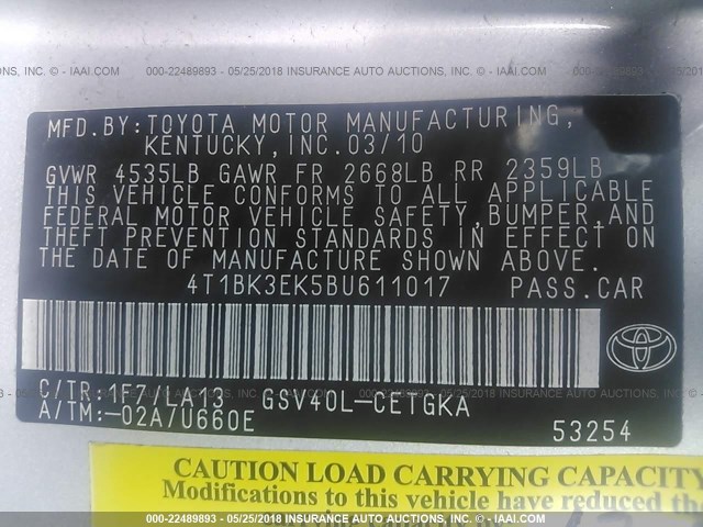 4T1BK3EK5BU611017 - 2011 TOYOTA CAMRY SE/LE/XLE SILVER photo 9