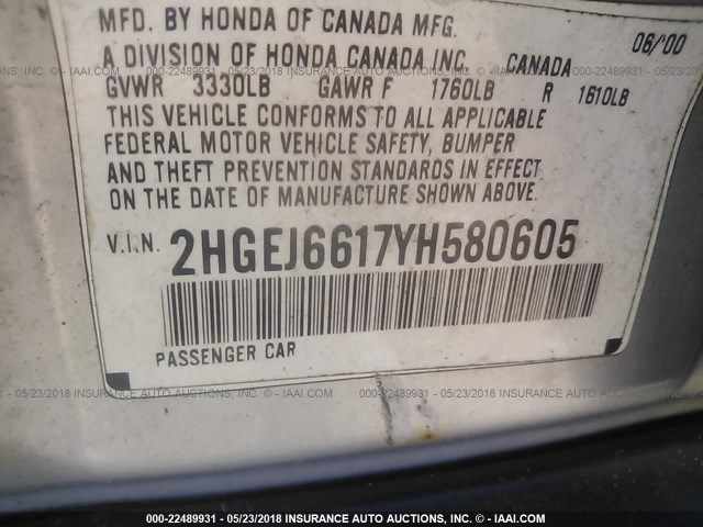 2HGEJ6617YH580605 - 2000 HONDA CIVIC SE SILVER photo 9