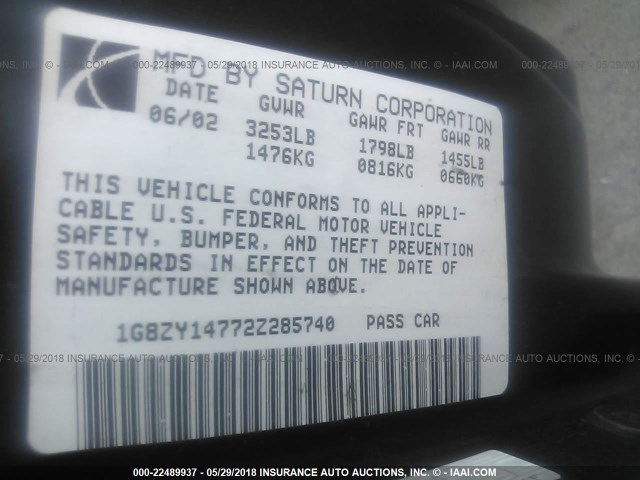 1G8ZY14772Z285740 - 2002 SATURN SC2 WHITE photo 9