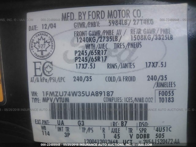 1FMZU74W35UA89187 - 2005 FORD EXPLORER EDDIE BAUER BLACK photo 9