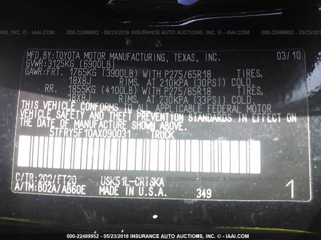 5TFRY5F10AX090031 - 2010 TOYOTA TUNDRA DOUBLE CAB SR5 BLACK photo 9