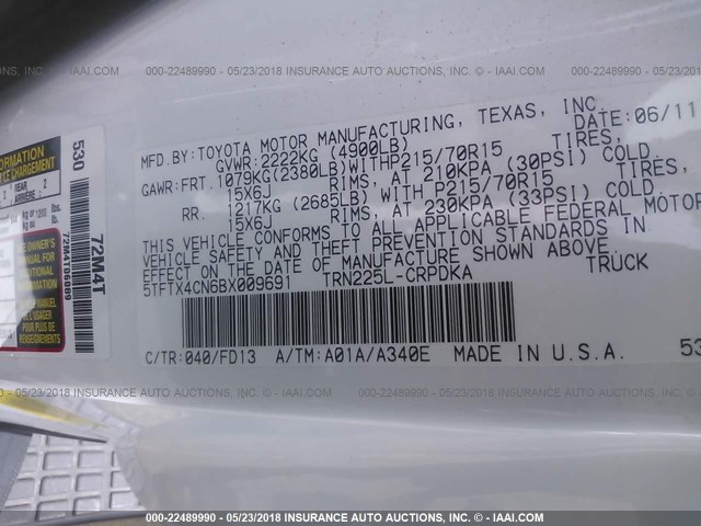 5TFTX4CN6BX009691 - 2011 TOYOTA TACOMA ACCESS CAB Weiß Foto 9