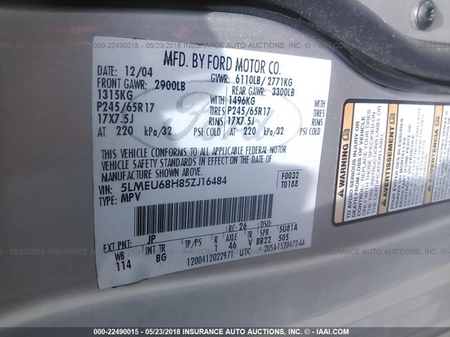 5LMEU68H85ZJ16484 - 2005 LINCOLN AVIATOR 银色 照片 9