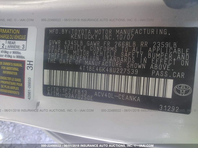 4T1BE46K48U227539 - 2008 TOYOTA CAMRY CE/LE/XLE/SE SILVER photo 9