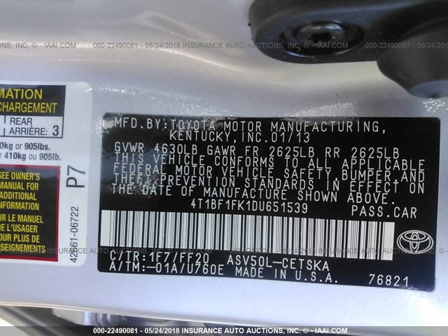 4T1BF1FK1DU651539 - 2013 TOYOTA CAMRY L/SE/LE/XLE 银色 照片 9