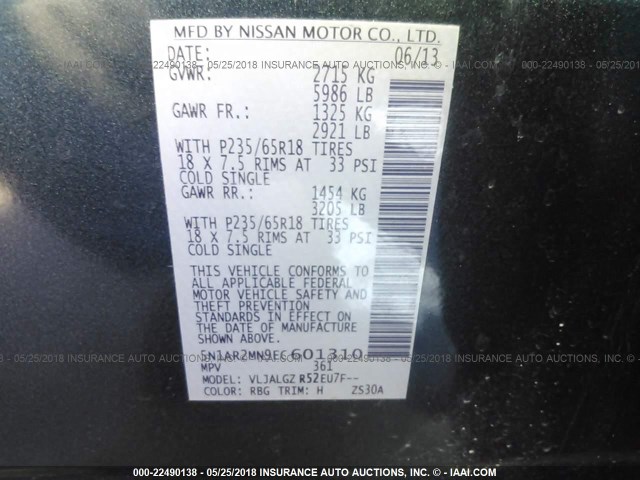 5N1AR2MN9EC601310 - 2014 NISSAN PATHFINDER S/SV/SL/PLATINUM 蓝色 照片 9