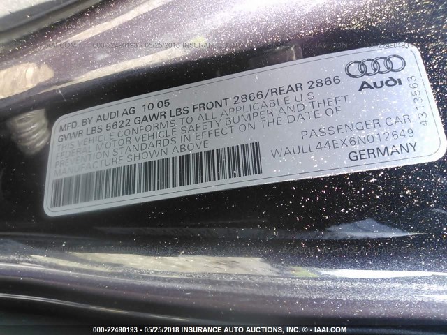 WAULL44EX6N012649 - 2006 AUDI A8 4.2 QUATTRO BLACK photo 9