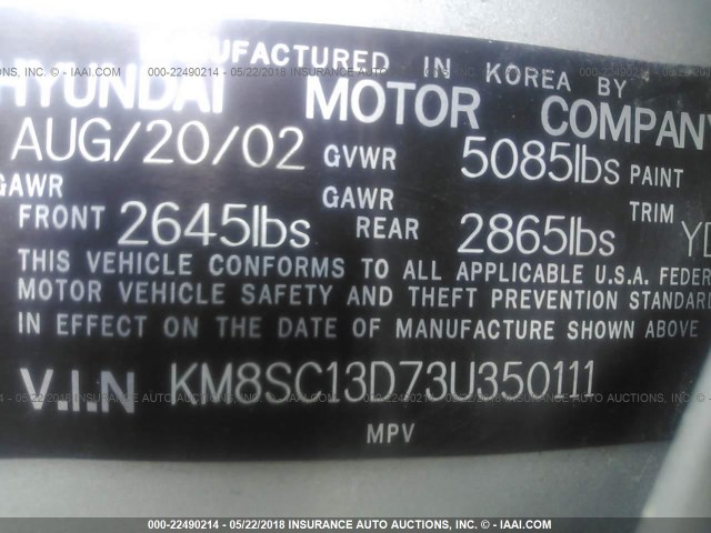 KM8SC13D73U350111 - 2003 HYUNDAI SANTA FE GLS/LX SILVER photo 9