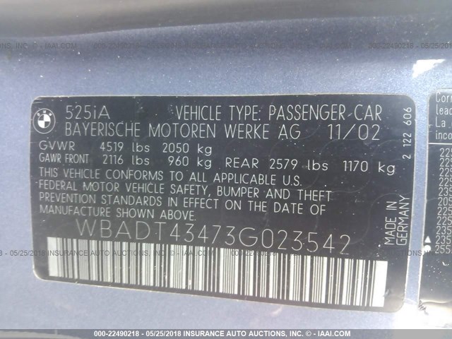 WBADT43473G023542 - 2003 BMW 525 I AUTOMATIC BLUE photo 9