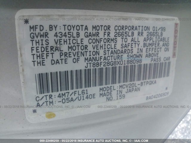 JT8BF28G8X0188098 - 1999 LEXUS ES 300 CREAM photo 9