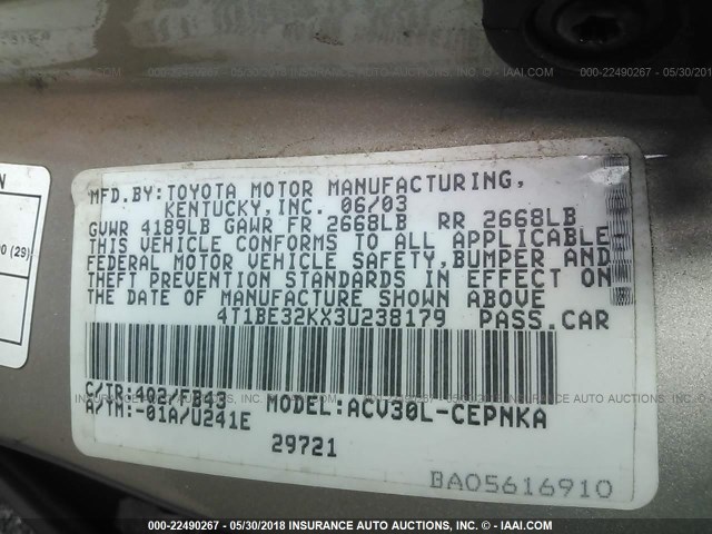 4T1BE32KX3U238179 - 2003 TOYOTA CAMRY LE/XLE/SE GOLD photo 9