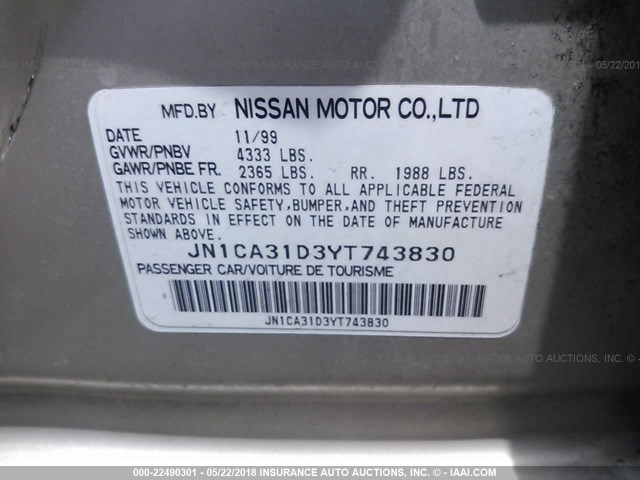 JN1CA31D3YT743830 - 2000 NISSAN MAXIMA GLE/GXE/SE GOLD photo 9