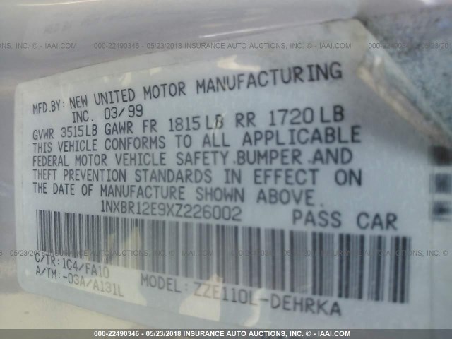 1NXBR12E9XZ226002 - 1999 TOYOTA COROLLA VE/CE/LE 银色 照片 9