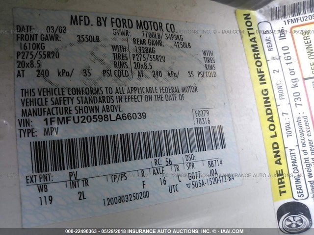 1FMFU20598LA66039 - 2008 FORD EXPEDITION LIMITED WHITE photo 9