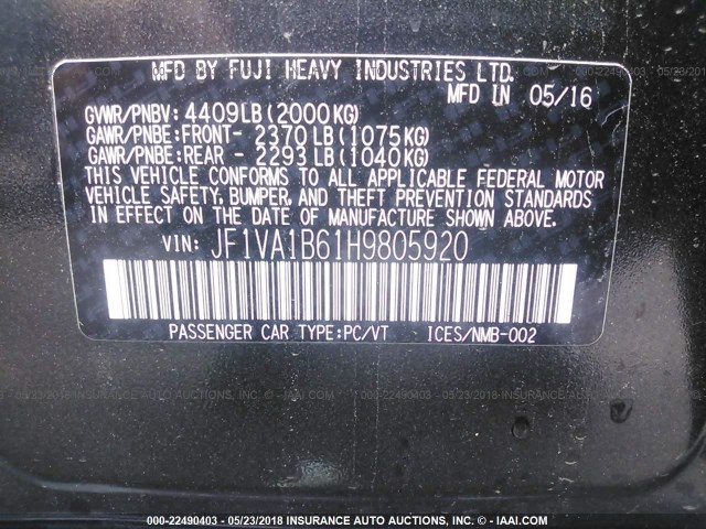 JF1VA1B61H9805920 - 2017 SUBARU WRX GRAY photo 9