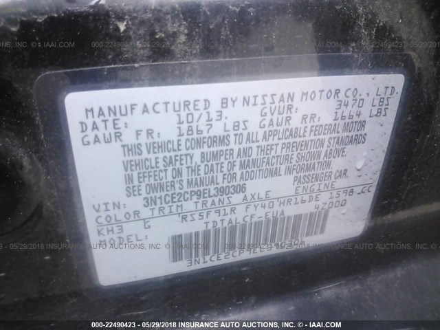 3N1CE2CP9EL390306 - 2014 NISSAN VERSA NOTE S/S PLUS/SV/SL BLACK photo 9