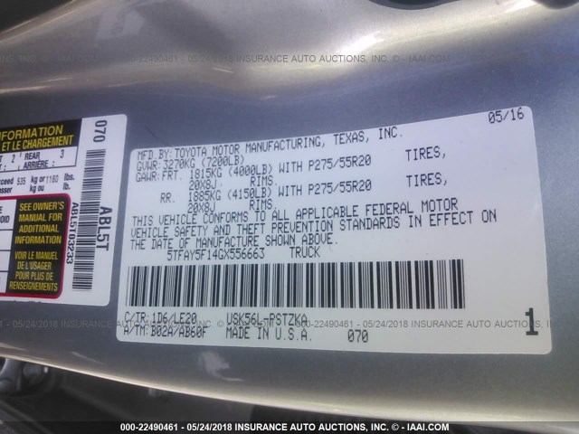 5TFAY5F14GX556663 - 2016 TOYOTA TUNDRA CREWMAX 1794/PLATINUM 银色 照片 9