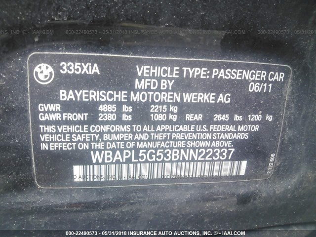 WBAPL5G53BNN22337 - 2011 BMW 335 XI BLACK photo 9