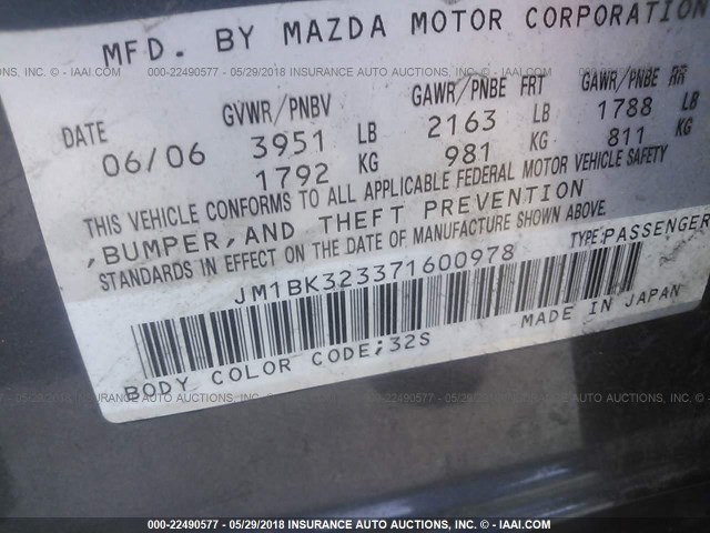 JM1BK323371600978 - 2007 MAZDA 3 S GRAY photo 9