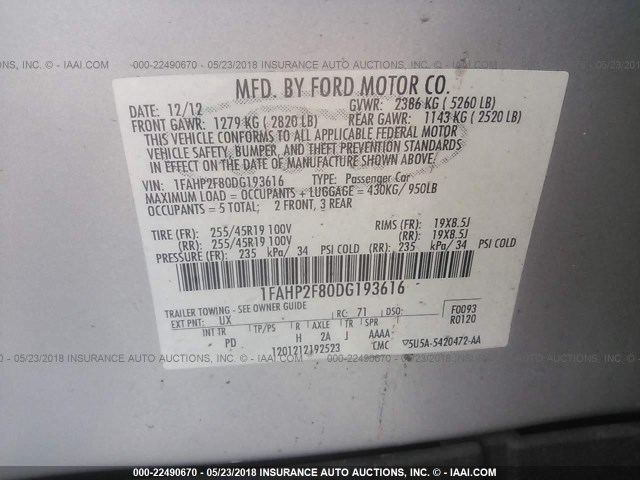 1FAHP2F80DG193616 - 2013 FORD TAURUS LIMITED SILVER photo 9