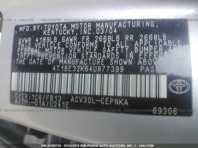 4T1BE32K64U877399 - 2004 TOYOTA CAMRY LE/XLE/SE 灰色 照片 9