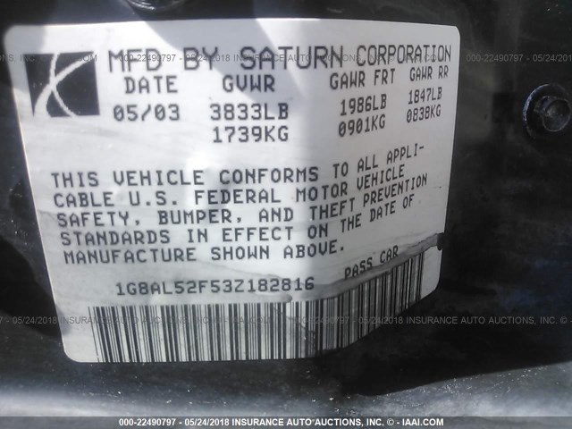 1G8AL52F53Z182816 - 2003 SATURN ION LEVEL 3 Light Blue photo 9