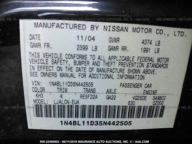 1N4BL11D35N442505 - 2005 NISSAN ALTIMA SE/SL/SE-R BLACK photo 9