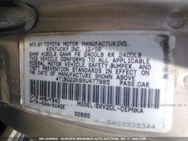 4T1BG22K8XU477885 - 1999 TOYOTA CAMRY CE/LE/XLE GOLD photo 9