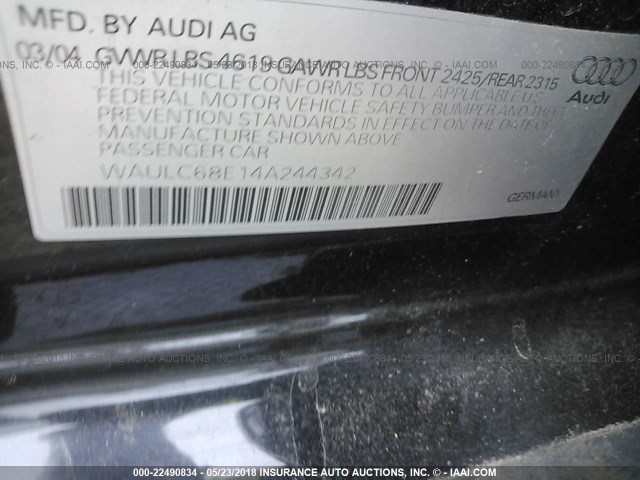 WAULC68E14A244342 - 2004 AUDI A4 1.8T QUATTRO BLACK photo 9