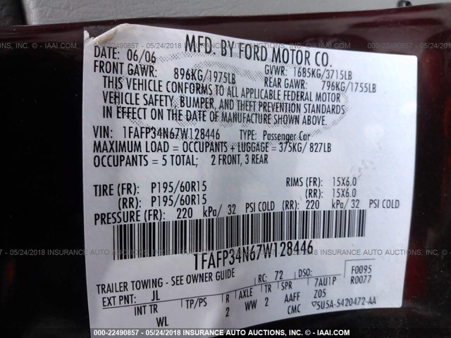 1FAFP34N67W128446 - 2007 FORD FOCUS ZX4/S/SE/SES 红色 照片 9