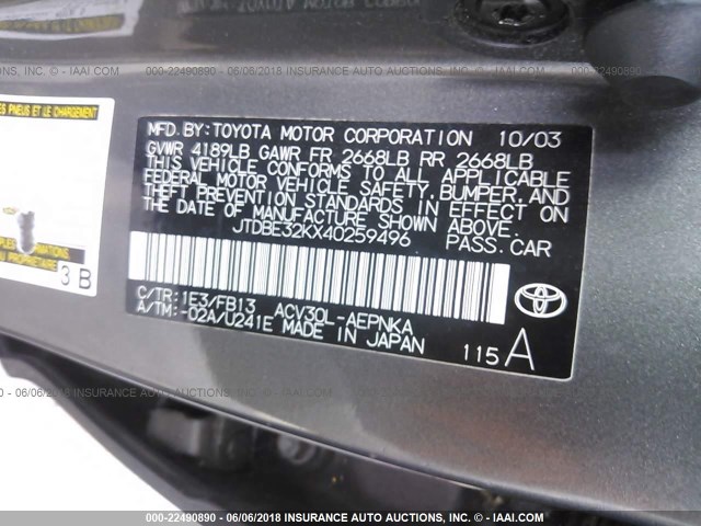 JTDBE32KX40259496 - 2004 TOYOTA CAMRY LE/XLE GRAY photo 9