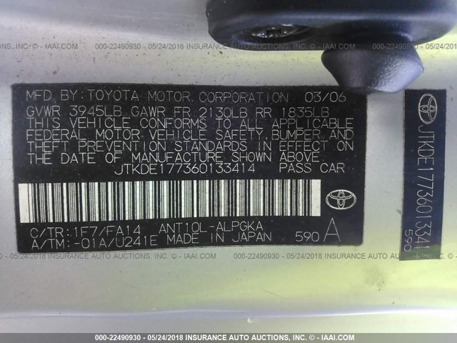 JTKDE177360133414 - 2006 TOYOTA SCION TC 银色 照片 9