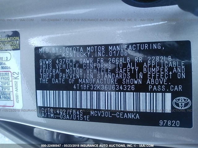 4T1BF32K36U634326 - 2006 TOYOTA CAMRY LE/XLE/SE თაფლისფერი ფოტო 9