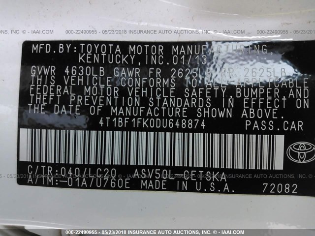 4T1BF1FK0DU648874 - 2013 TOYOTA CAMRY L/SE/LE/XLE 白色 照片 9