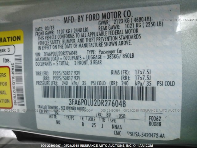 3FA6P0LU2DR276048 - 2013 FORD FUSION SE HYBRID BLUE photo 9