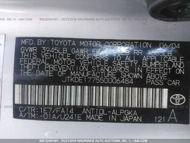 JTKDE177550006484 - 2005 TOYOTA SCION TC 银色 照片 9