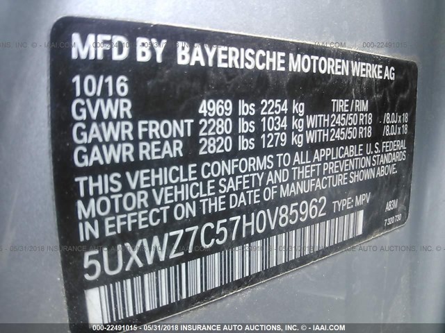 5UXWZ7C57H0V85962 - 2017 BMW X3 SDRIVE28I SILVER photo 9