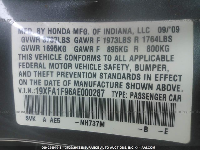 19XFA1F96AE000287 - 2010 HONDA CIVIC EXL GRAY photo 9