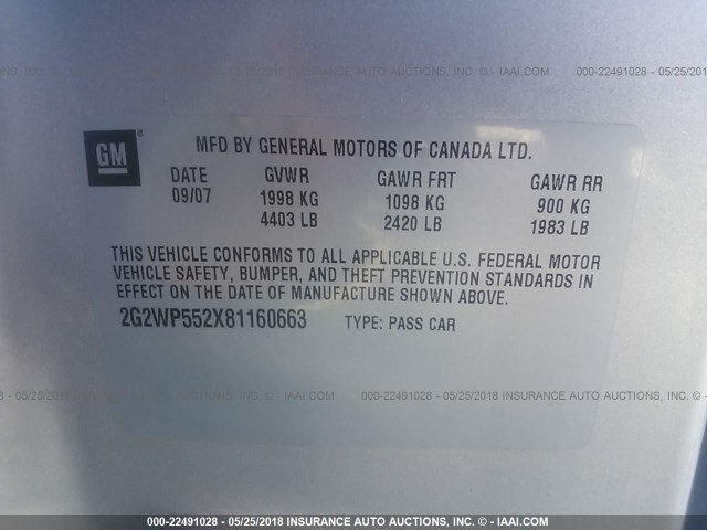 2G2WP552X81160663 - 2008 PONTIAC GRAND PRIX SILVER photo 9